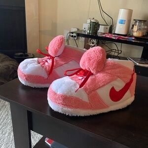 Nike Red and White Plush Slippers